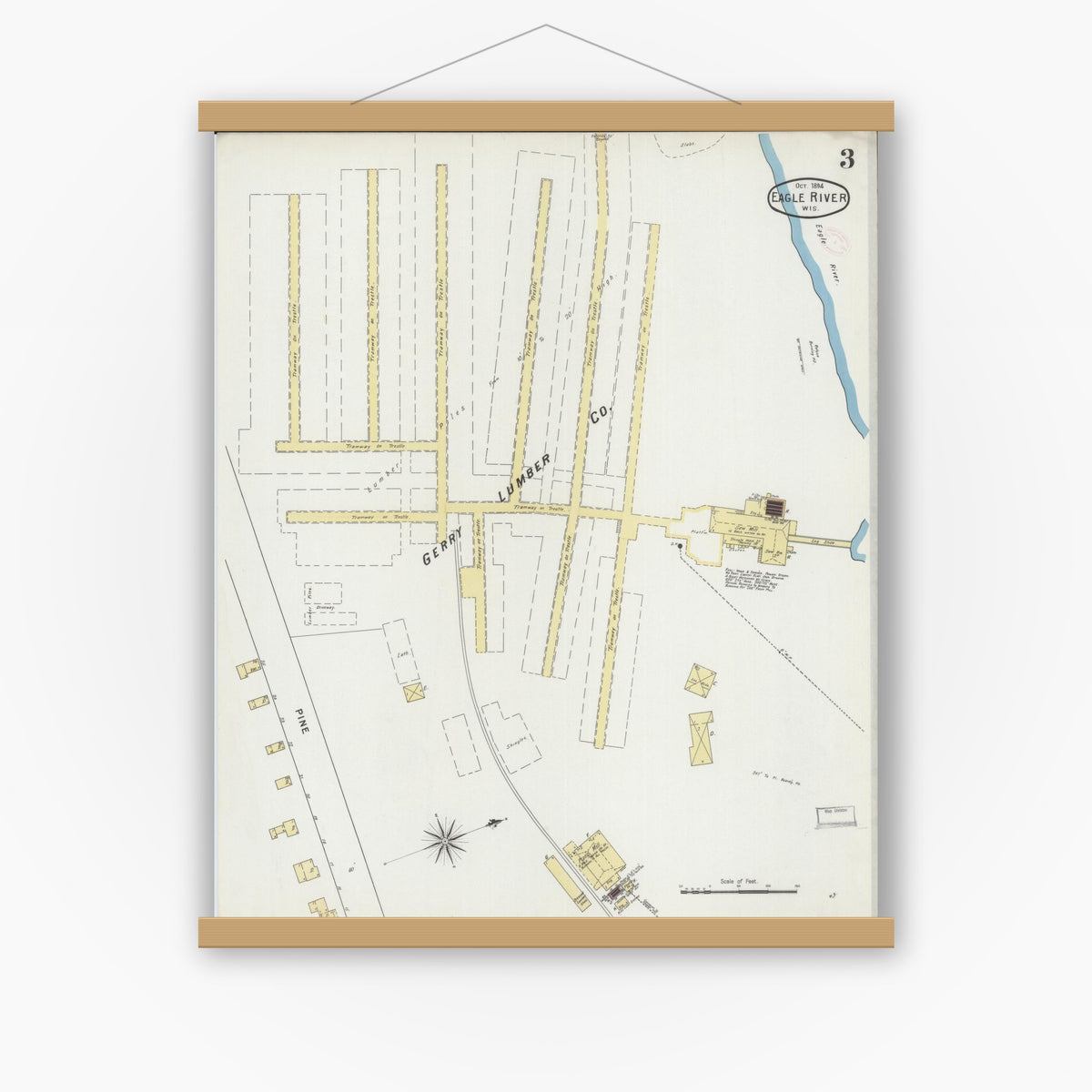 Old map wall art mockup — magnetic wood frame on white wall — Sanborn Fire Insurance Map from Eagle River, Vilas County, Wisconsin (1894), Sheet #0003