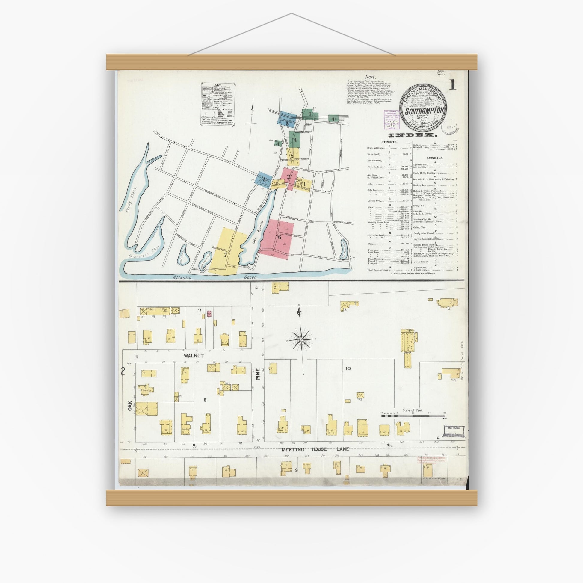 Old map wall art mockup — magnetic wood frame on white wall — Sanborn Fire Insurance Map from Southampton, Suffolk County, New York (1902), Sheet #0001