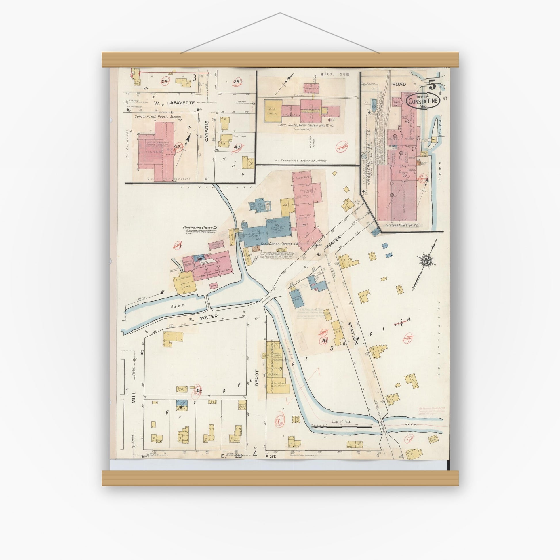 Old map wall art mockup — magnetic wood frame on white wall — Sanborn Fire Insurance Map from Constantine, Saint Joseph County, Michigan (1932), Sheet #0005