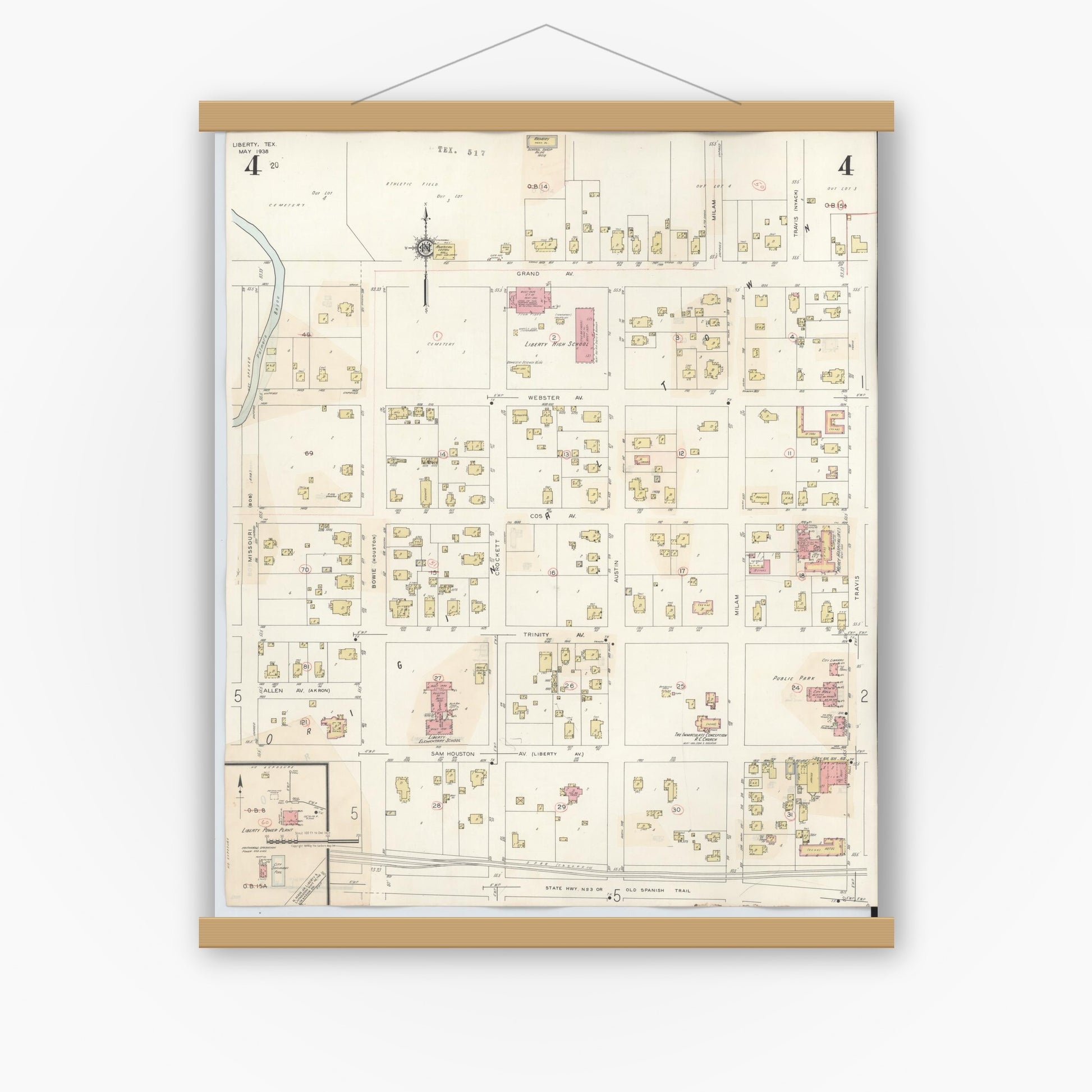 Old map wall art mockup — magnetic wood frame on white wall — Sanborn Fire Insurance Map from Liberty, Liberty County, Texas (1945), Sheet #0004