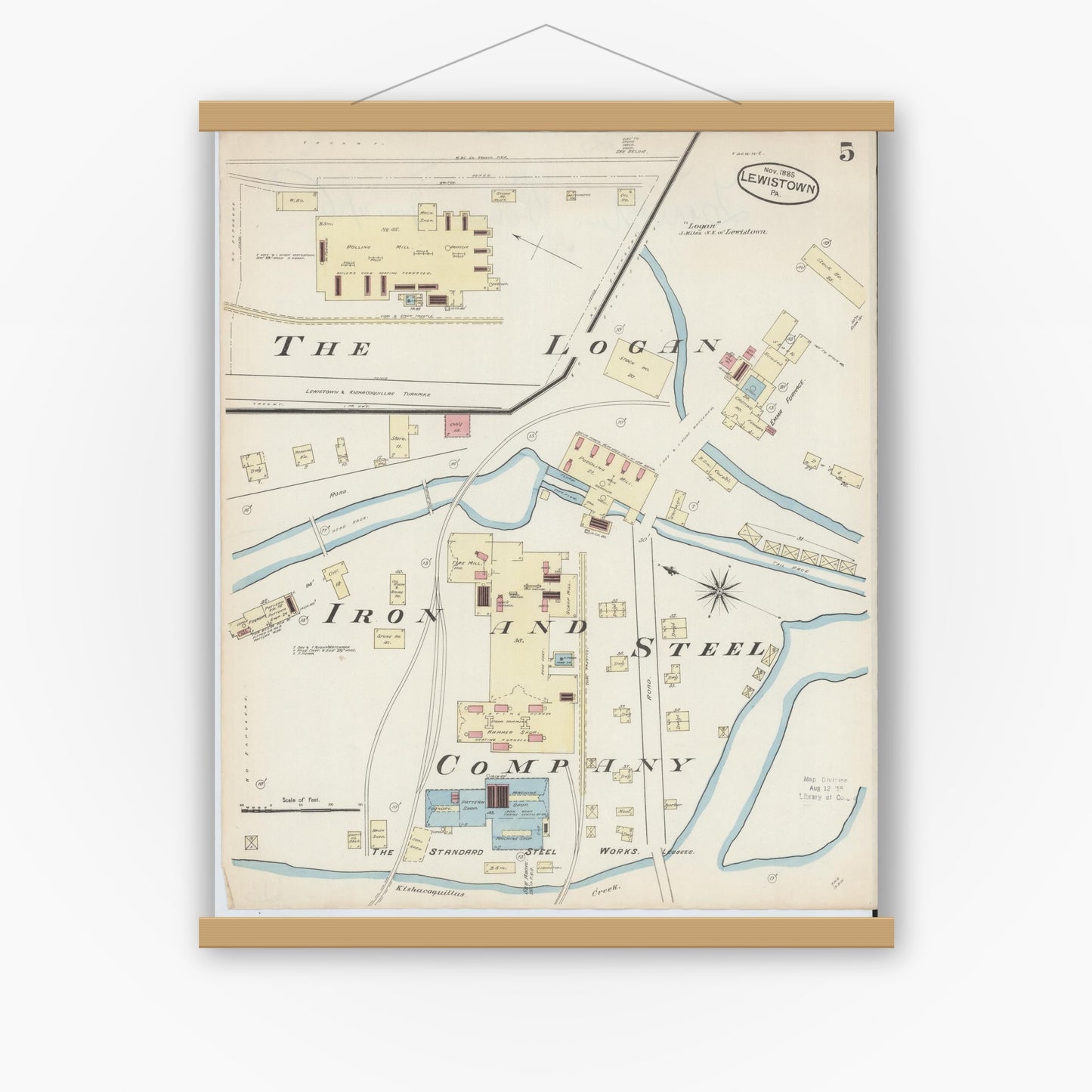 Old map wall art mockup — magnetic wood frame on white wall — Sanborn Fire Insurance Map from Lewistown, Mifflin County, Pennsylvania (1885), Sheet #0005