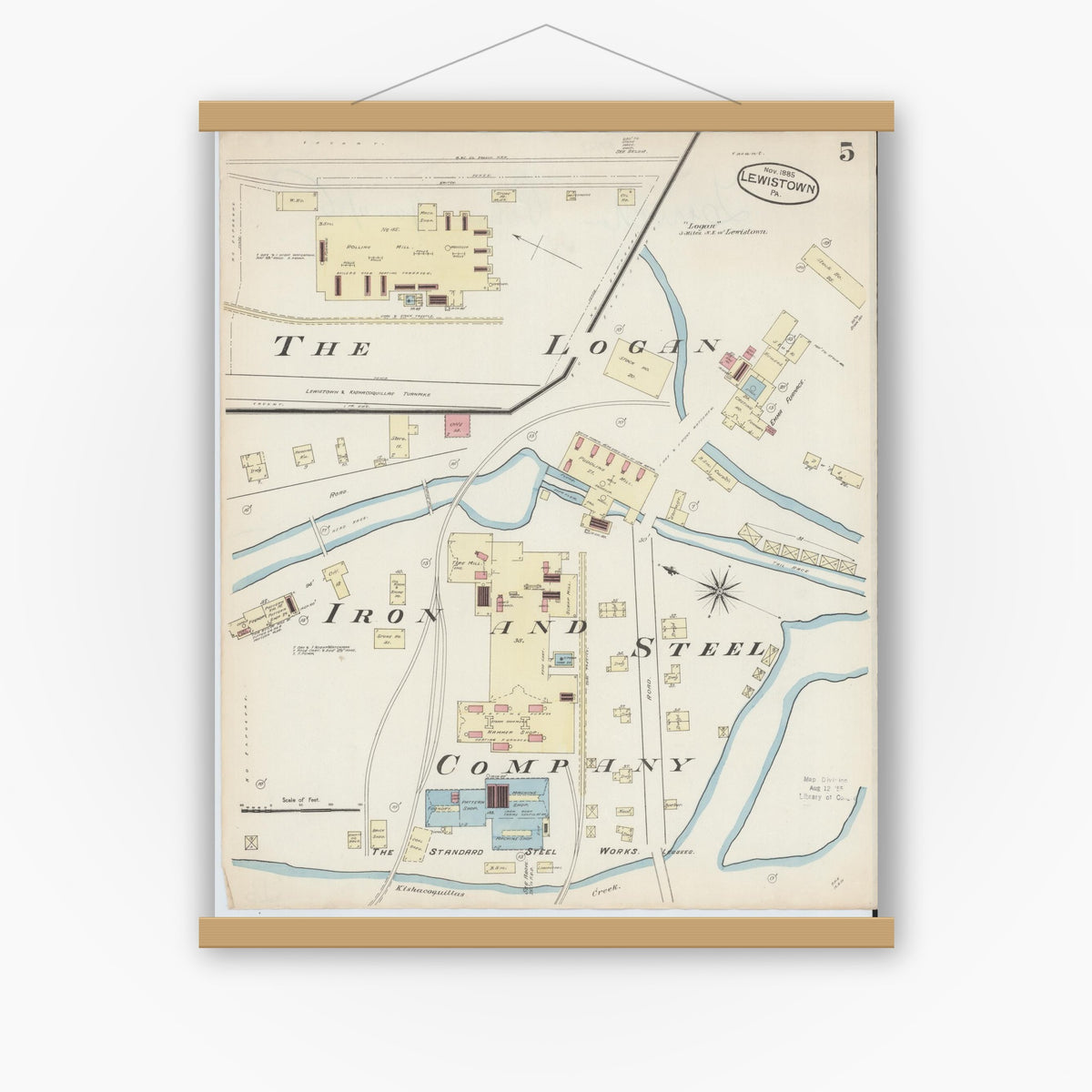 Old map wall art mockup — magnetic wood frame on white wall — Sanborn Fire Insurance Map from Lewistown, Mifflin County, Pennsylvania (1885), Sheet #0005