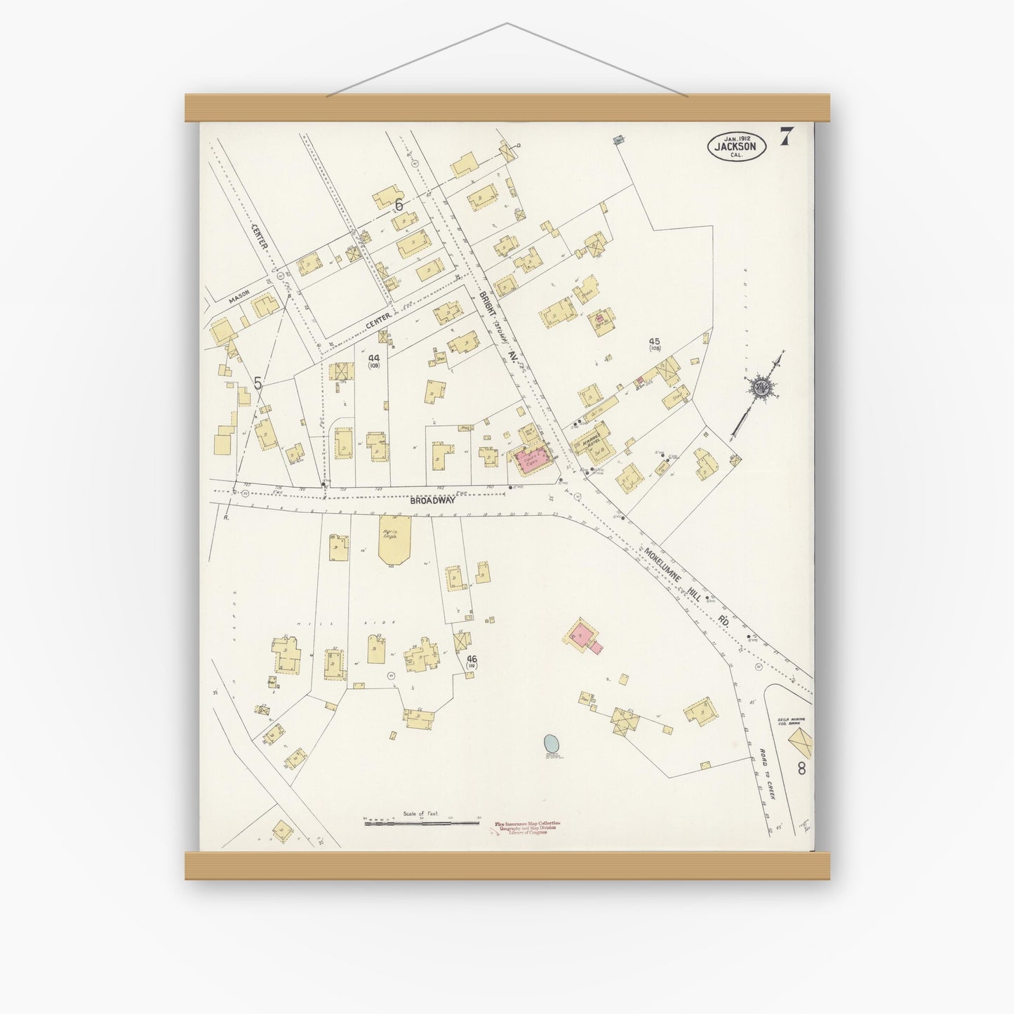 Old map wall art mockup — magnetic wood frame on white wall — Sanborn Fire Insurance Map from Jackson, Amador County, California (1912), Sheet #0007