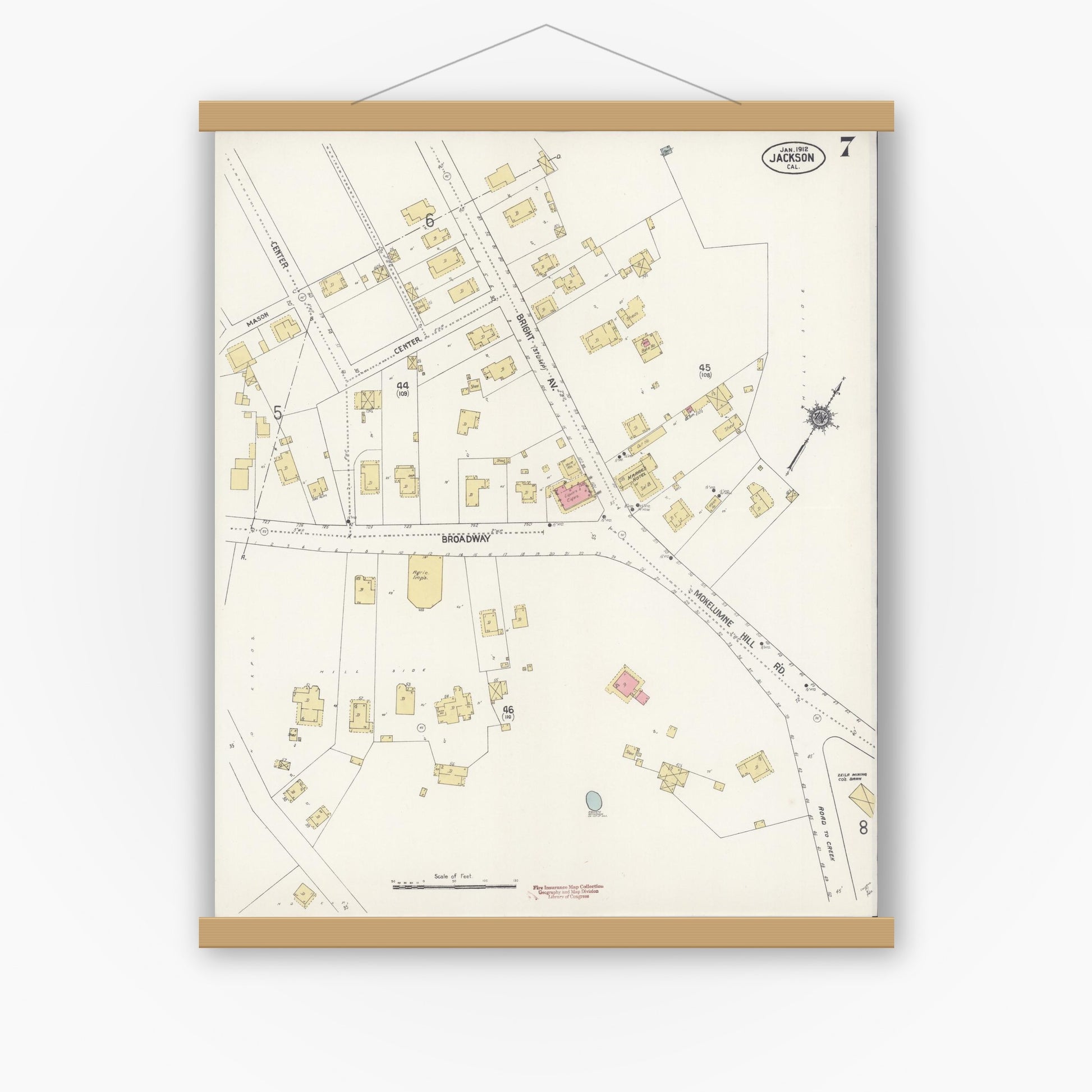 Old map wall art mockup — magnetic wood frame on white wall — Sanborn Fire Insurance Map from Jackson, Amador County, California (1912), Sheet #0007