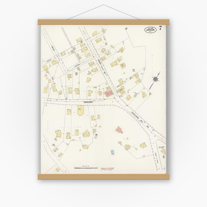 Old map wall art mockup — magnetic wood frame on white wall — Sanborn Fire Insurance Map from Jackson, Amador County, California (1912), Sheet #0007