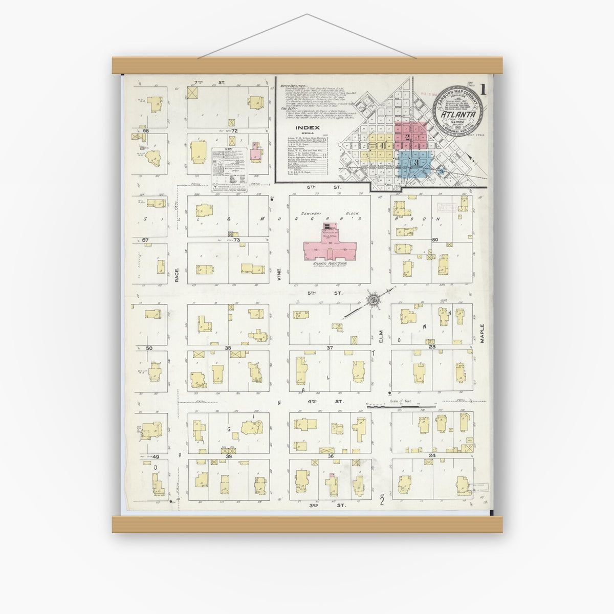 Old map wall art mockup — magnetic wood frame on white wall — Sanborn Fire Insurance Map from Atlanta, Logan County, Illinois (1910), Sheet #0001