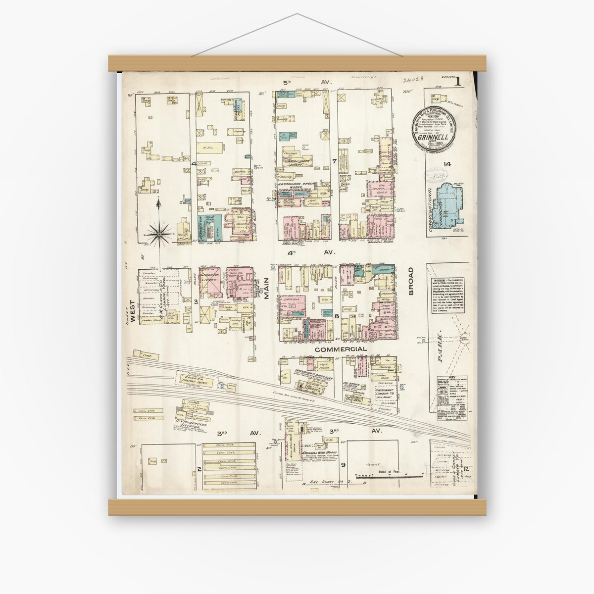 Old map wall art mockup — magnetic wood frame on white wall — Sanborn Fire Insurance Map from Grinnell, Poweshiek County, Iowa (1883), Sheet #0001