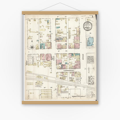 Old map wall art mockup — magnetic wood frame on white wall — Sanborn Fire Insurance Map from Grinnell, Poweshiek County, Iowa (1883), Sheet #0001