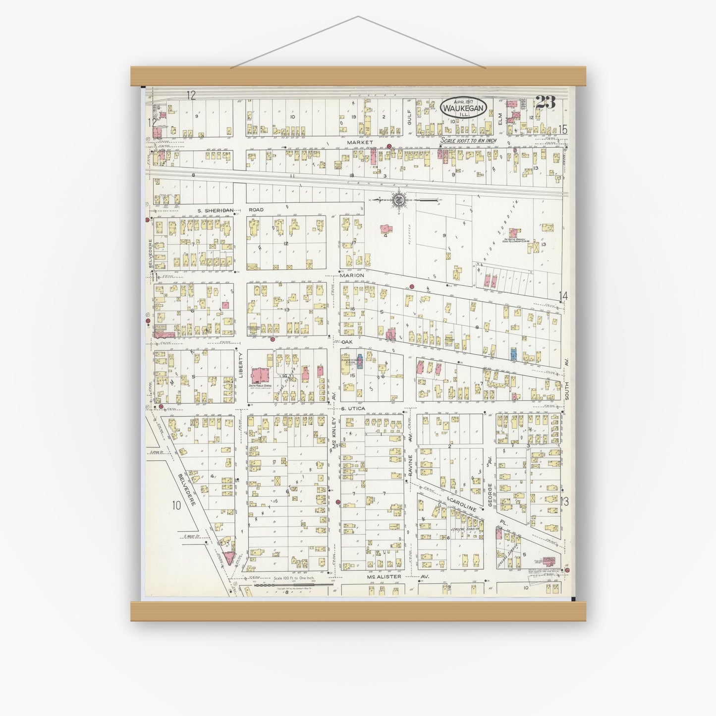 Old map wall art mockup — magnetic wood frame on white wall — Sanborn Fire Insurance Map from Waukegan, Lake County, Illinois (1917), Sheet #0023