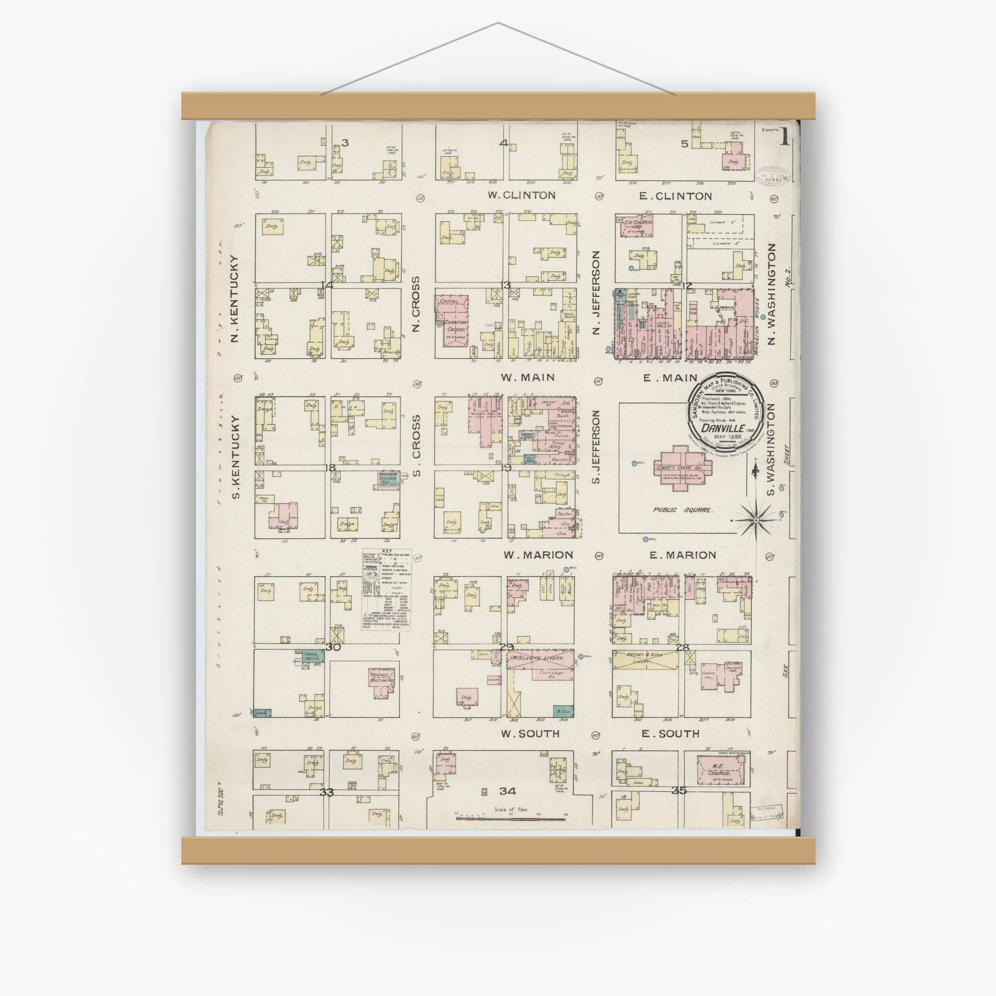 Old map wall art mockup — magnetic wood frame on white wall — Sanborn Fire Insurance Map from Danville, Hendricks County, Indiana (1886) - Complete Map Set