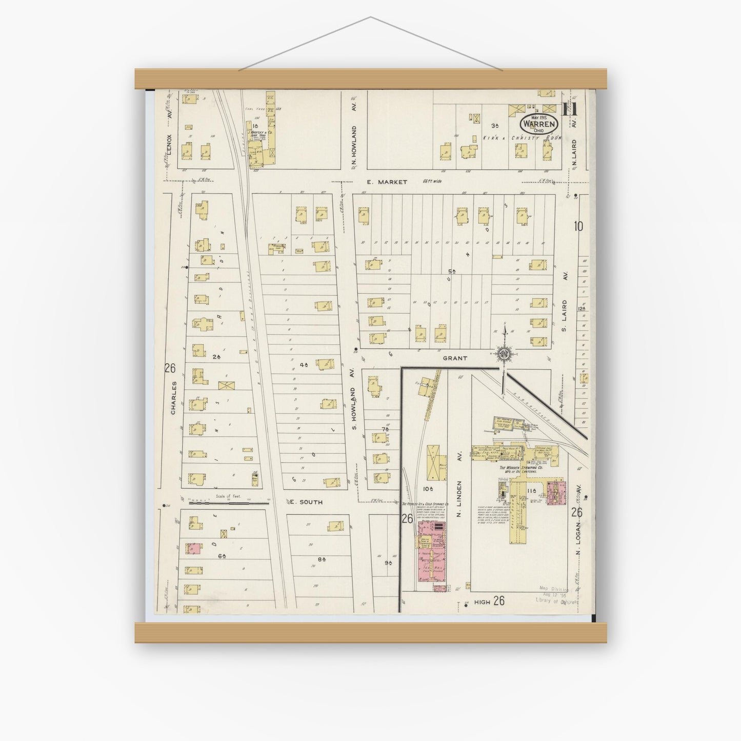 Old map wall art mockup — magnetic wood frame on white wall — Sanborn Fire Insurance Map from Warren, Trumbull County, Ohio (1915), Sheet #0011