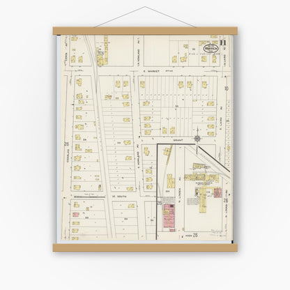Old map wall art mockup — magnetic wood frame on white wall — Sanborn Fire Insurance Map from Warren, Trumbull County, Ohio (1915), Sheet #0011