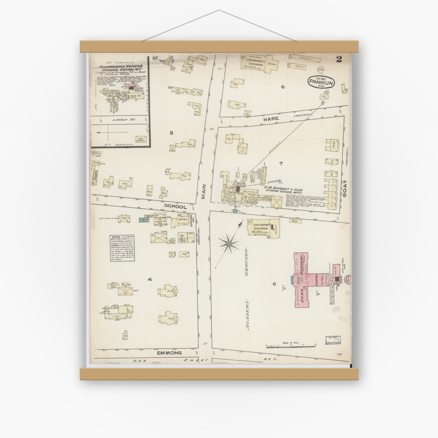 Old map wall art mockup — magnetic wood frame on white wall — Sanborn Fire Insurance Map from Franklin, Norfolk County, Massachusetts (1884), Sheet #0002