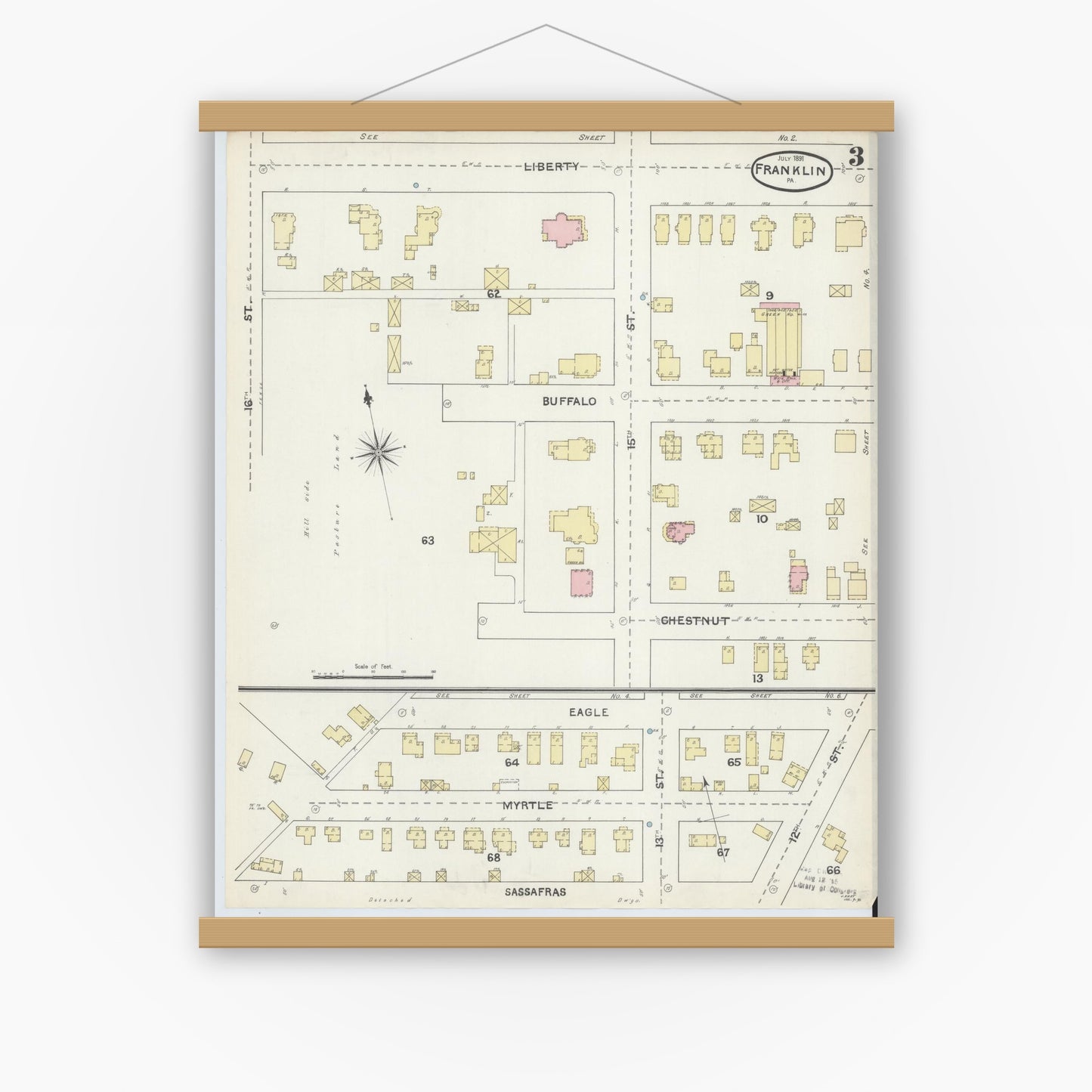 Old map wall art mockup — magnetic wood frame on white wall — Sanborn Fire Insurance Map from Franklin, Venango County, Pennsylvania (1891), Sheet #0003