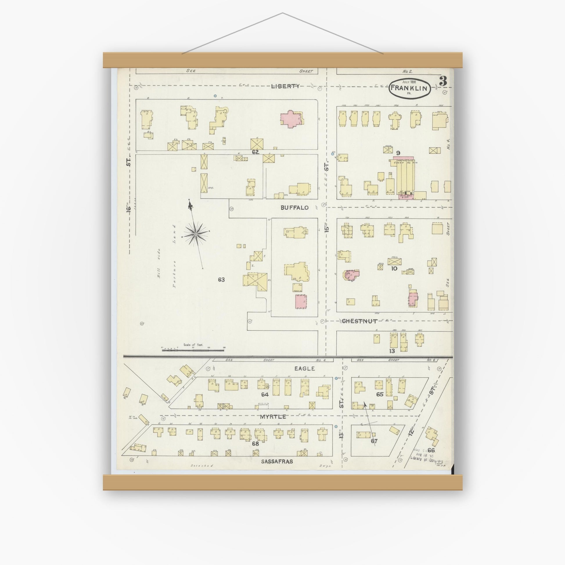 Old map wall art mockup — magnetic wood frame on white wall — Sanborn Fire Insurance Map from Franklin, Venango County, Pennsylvania (1891), Sheet #0003