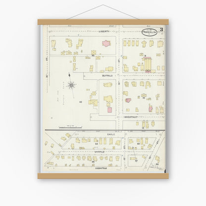 Old map wall art mockup — magnetic wood frame on white wall — Sanborn Fire Insurance Map from Franklin, Venango County, Pennsylvania (1891), Sheet #0003