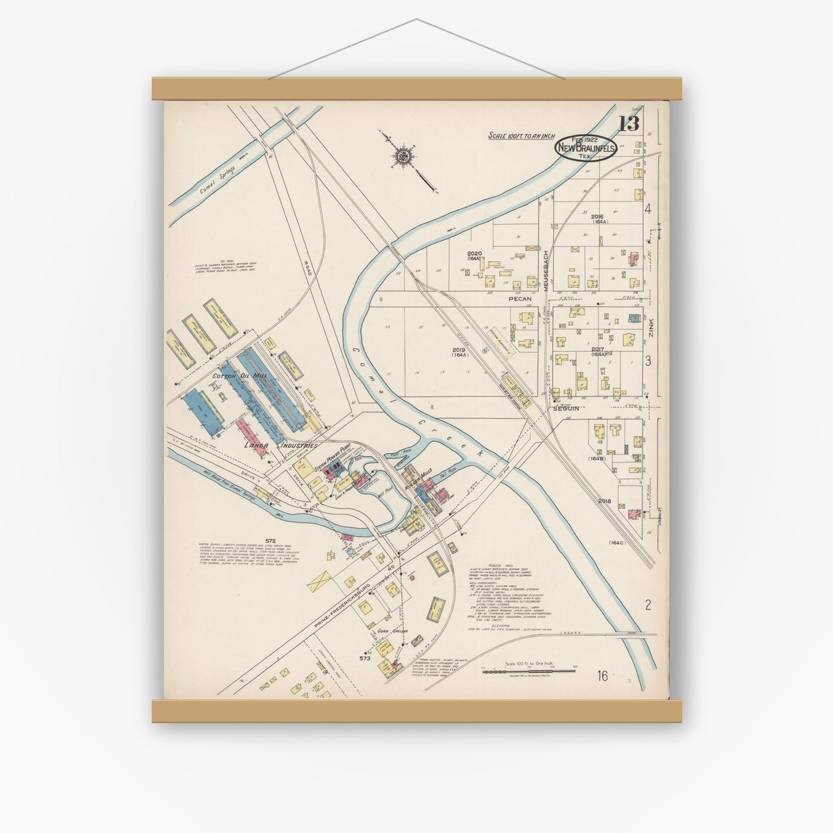 Old map wall art mockup — magnetic wood frame on white wall — Sanborn Fire Insurance Map from New Braunfels, Comal County, Texas (1922), Sheet #0013