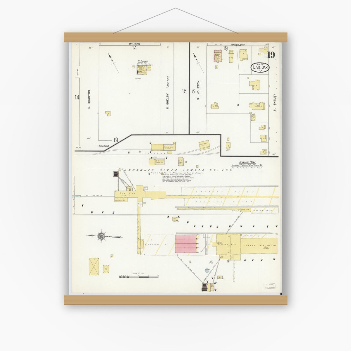 Old map wall art mockup — magnetic wood frame on white wall — Sanborn Fire Insurance Map from Live Oak, Suwanee County, Florida (1912), Sheet #0019