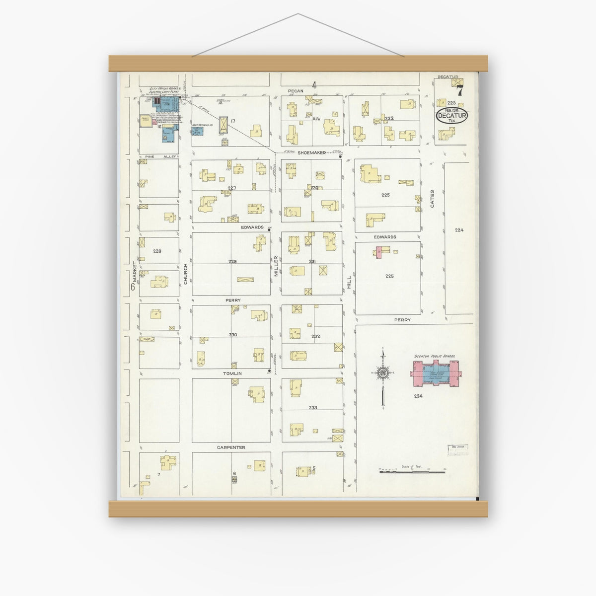Old map wall art mockup — magnetic wood frame on white wall — Sanborn Fire Insurance Map from Decatur, Wise County, Texas (1914), Sheet #0007