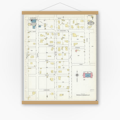 Old map wall art mockup — magnetic wood frame on white wall — Sanborn Fire Insurance Map from Decatur, Wise County, Texas (1914), Sheet #0007