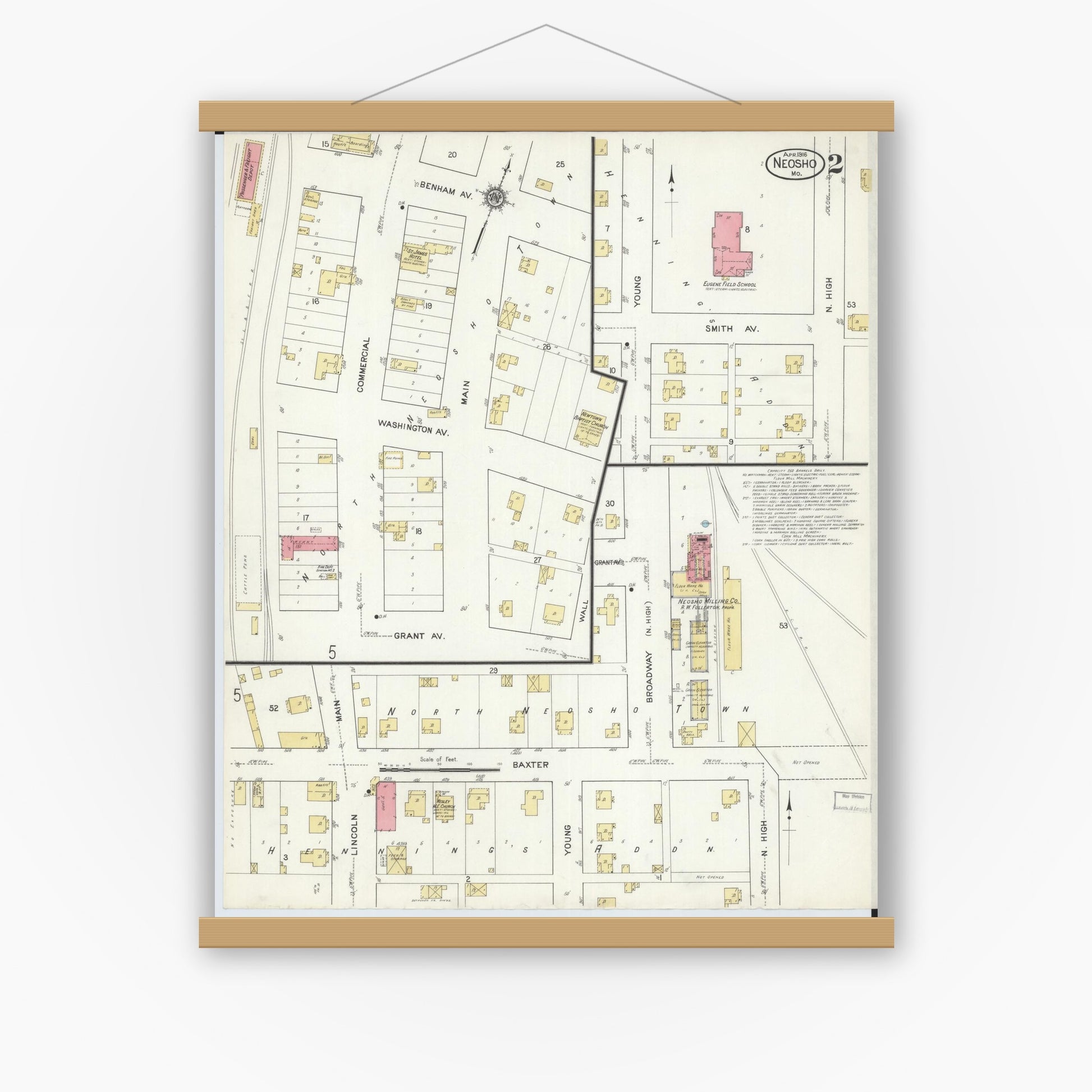 Old map wall art mockup — magnetic wood frame on white wall — Sanborn Fire Insurance Map from Neosho, Newton County, Missouri (1916), Sheet #0002