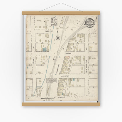 Old map wall art mockup — magnetic wood frame on white wall — Sanborn Fire Insurance Map from Iron Mountain, Dickinson County, Michigan (1884) - Complete Map Set