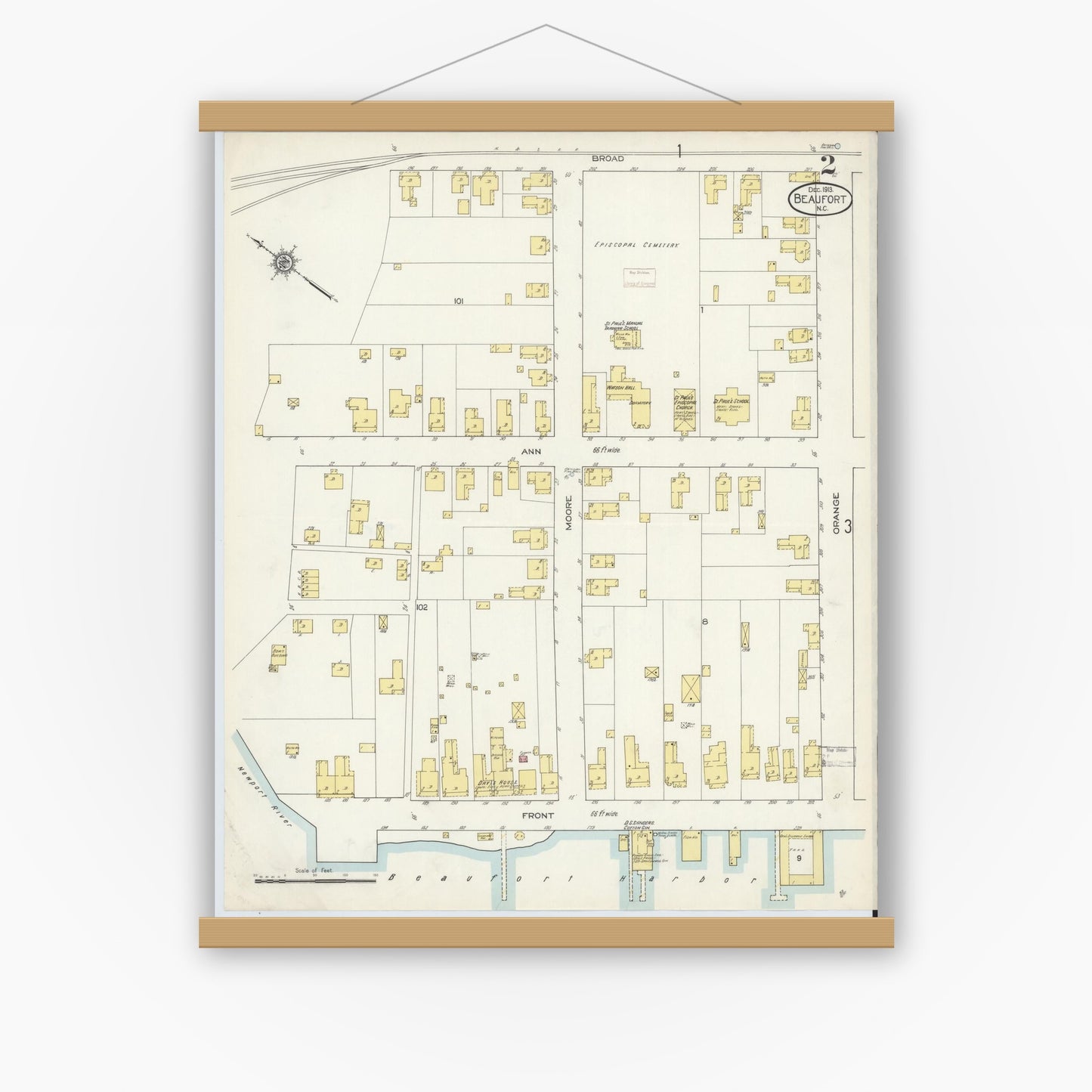 Old map wall art mockup — magnetic wood frame on white wall — Sanborn Fire Insurance Map from Beaufort, Carteret County, North Carolina (1913), Sheet #0002