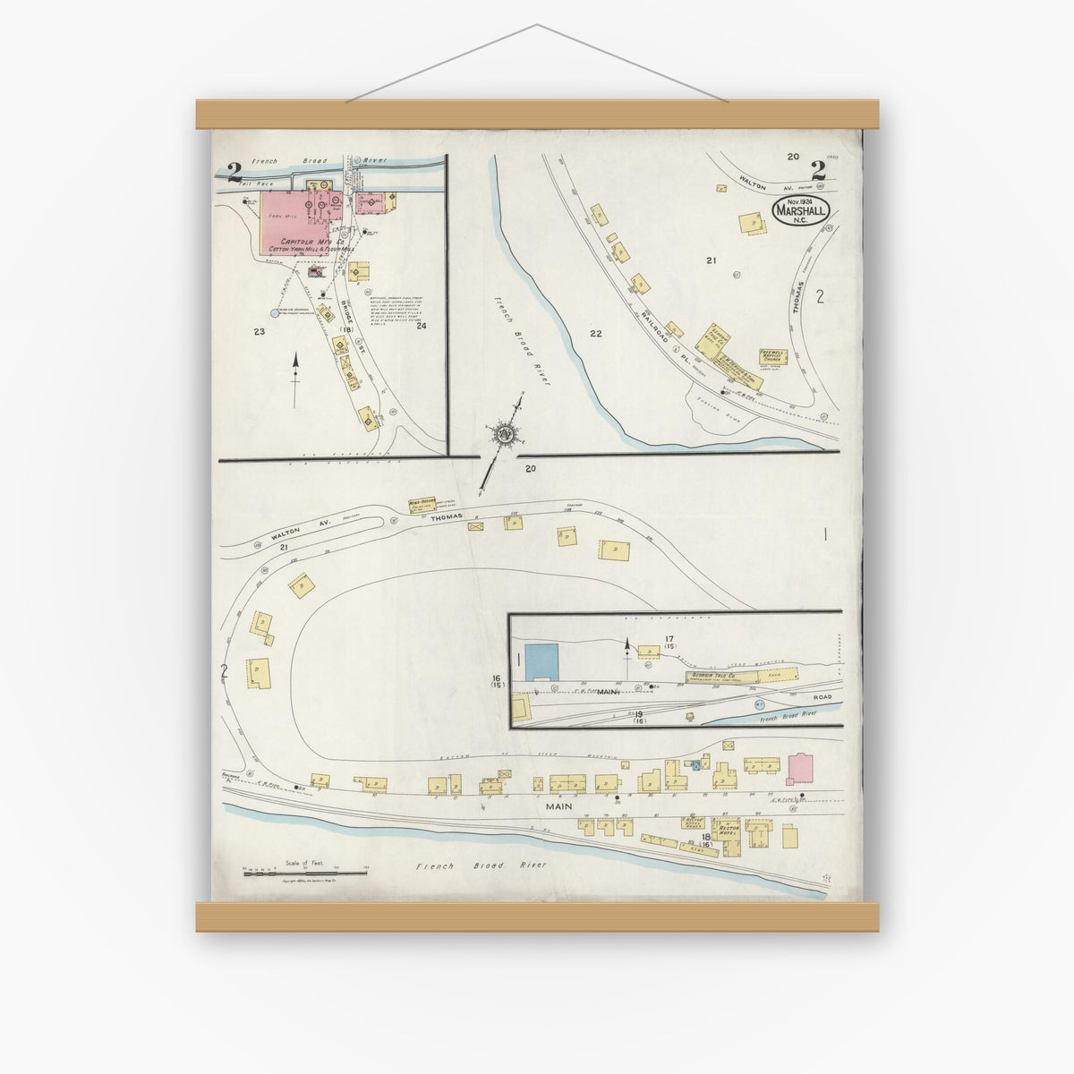 Old map wall art mockup — magnetic wood frame on white wall — Sanborn Fire Insurance Map from Marshall, Madison County, North Carolina (1924), Sheet #0002