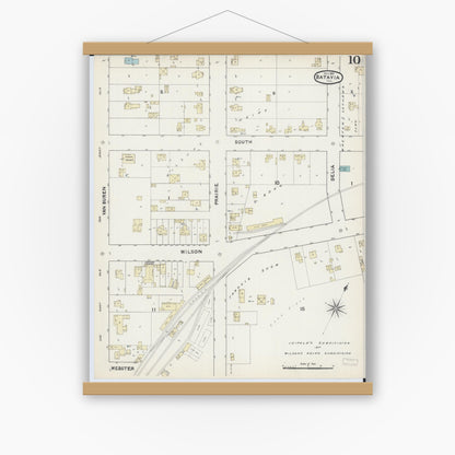 Old map wall art mockup — magnetic wood frame on white wall — Sanborn Fire Insurance Map from Batavia, Kane County, Illinois (1891), Sheet #0010