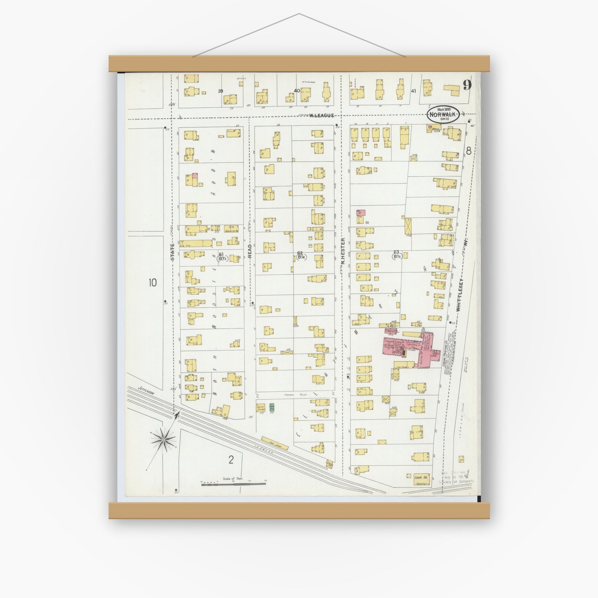 Old map wall art mockup — magnetic wood frame on white wall — Sanborn Fire Insurance Map from Norwalk, Huron County, Ohio (1899), Sheet #0009