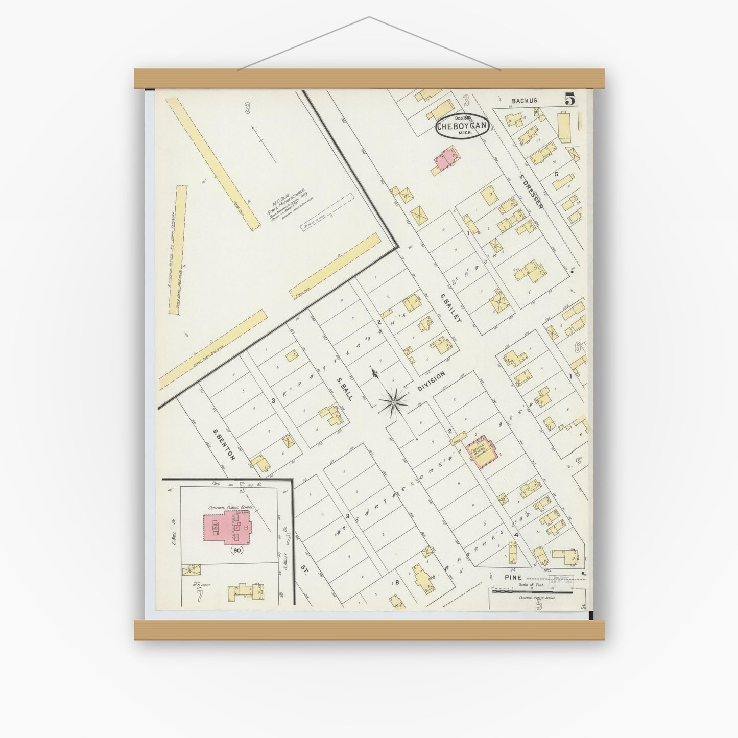 Old map wall art mockup — magnetic wood frame on white wall — Sanborn Fire Insurance Map from Cheboygan, Cheboygan County, Michigan (1895), Sheet #0005