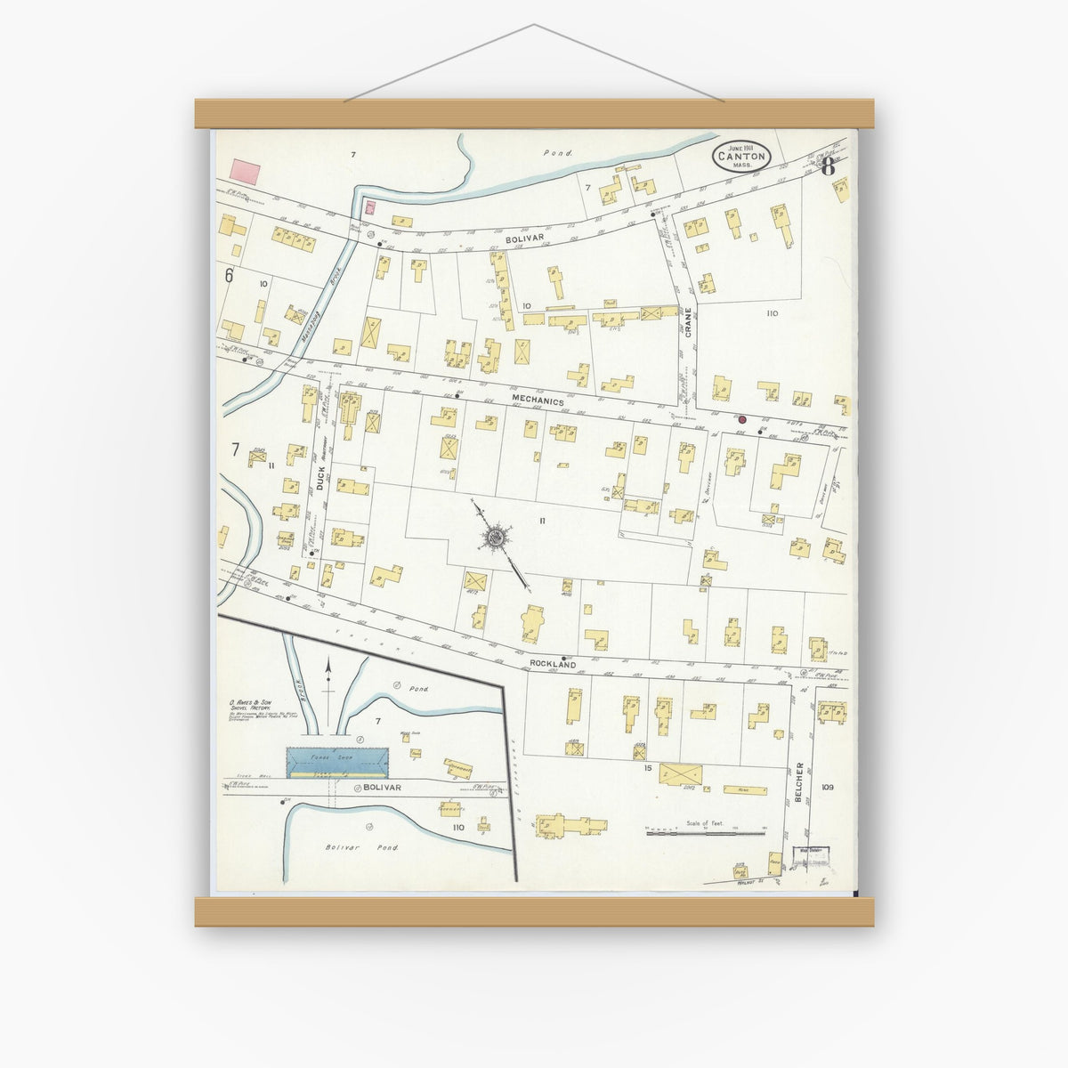 Old map wall art mockup — magnetic wood frame on white wall — Sanborn Fire Insurance Map from Canton, Norfolk County, Massachusetts (1911), Sheet #0008