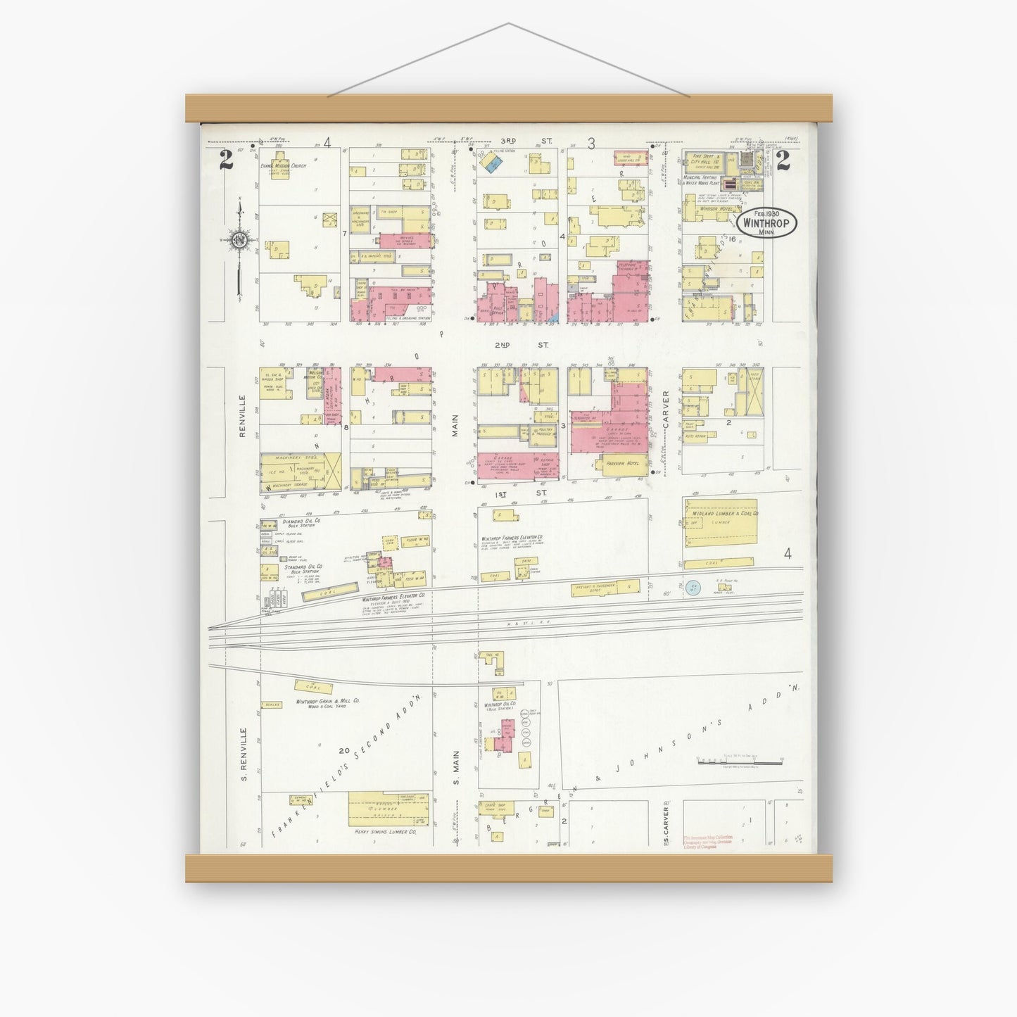 Old map wall art mockup — magnetic wood frame on white wall — Sanborn Fire Insurance Map from Winthrop, Sibley County, Minnesota (1930), Sheet #0002