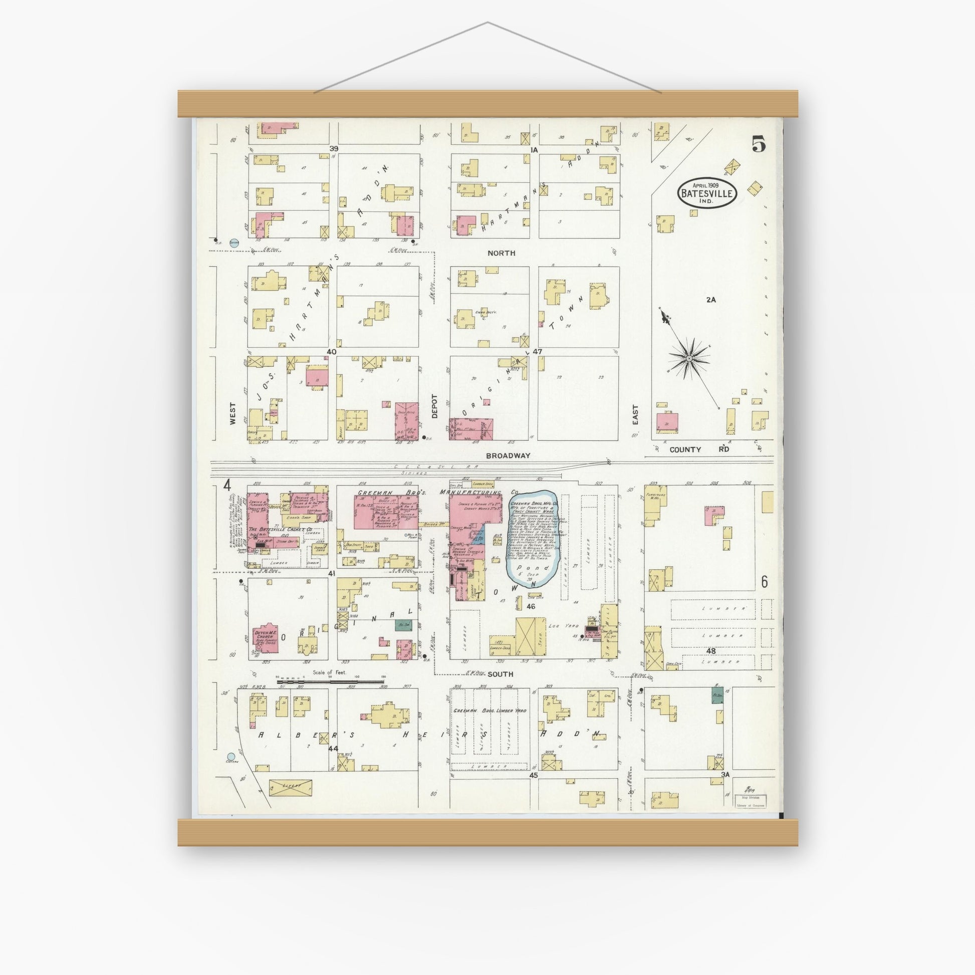 Old map wall art mockup — magnetic wood frame on white wall — Sanborn Fire Insurance Map from Batesville, Ripley County, Indiana (1909), Sheet #0005
