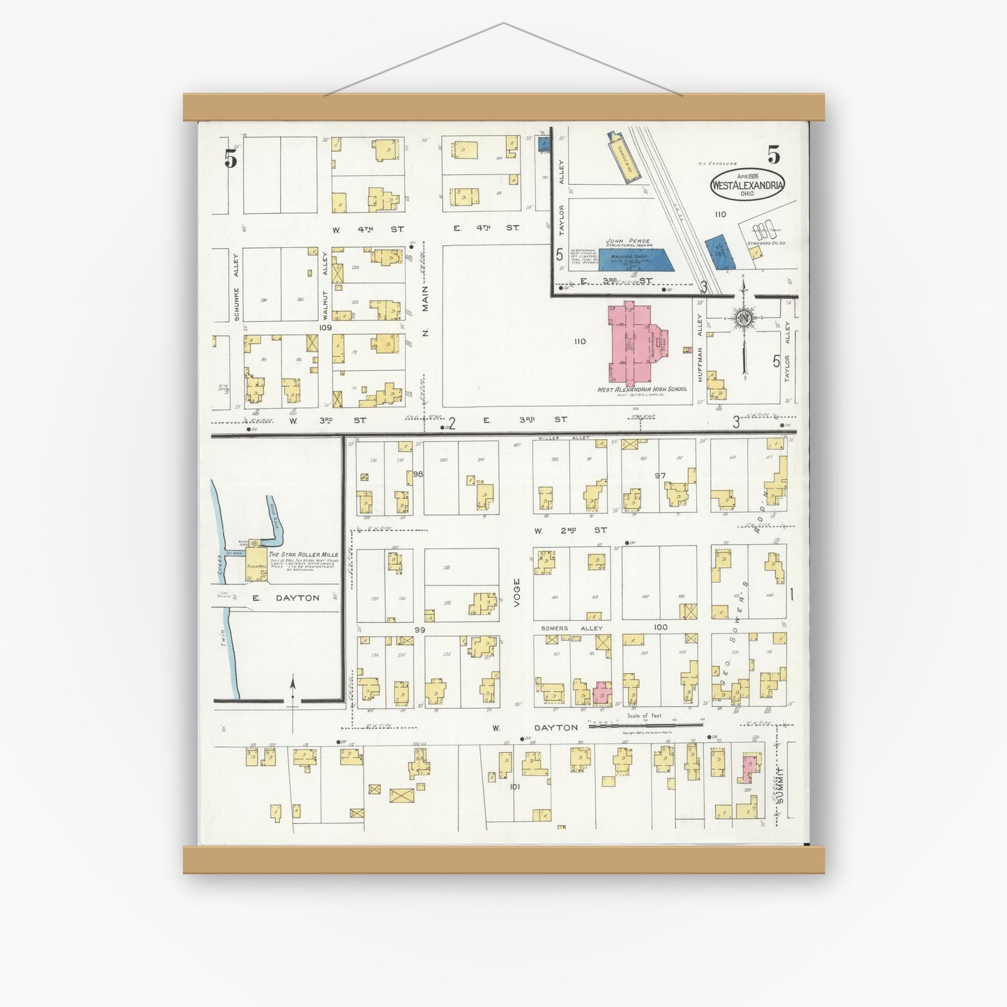 Old map wall art mockup — magnetic wood frame on white wall — Sanborn Fire Insurance Map from West Alexandria, Preble County, Ohio (1926), Sheet #0005