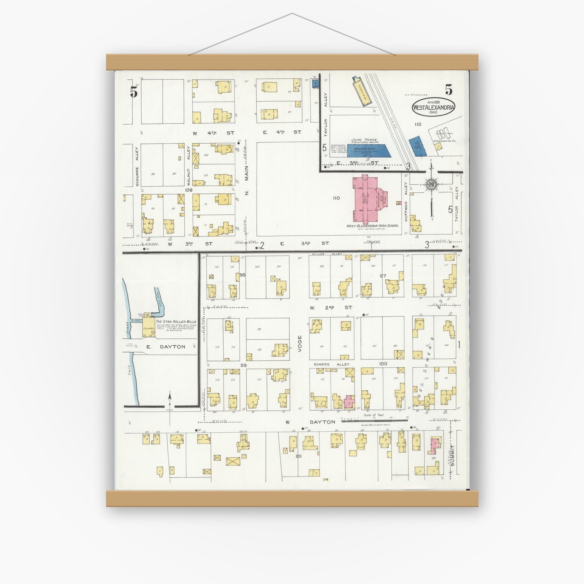 Old map wall art mockup — magnetic wood frame on white wall — Sanborn Fire Insurance Map from West Alexandria, Preble County, Ohio (1926), Sheet #0005