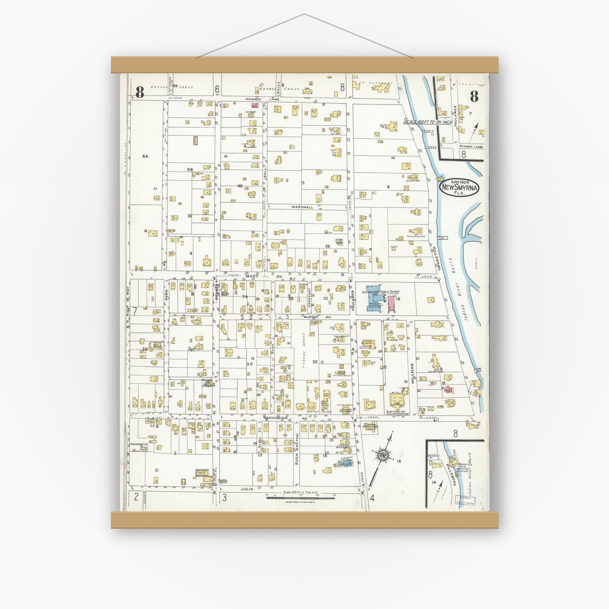 Old map wall art mockup — magnetic wood frame on white wall — Sanborn Fire Insurance Map from New Smyrna, Valusia County, Florida (1924), Sheet #0008