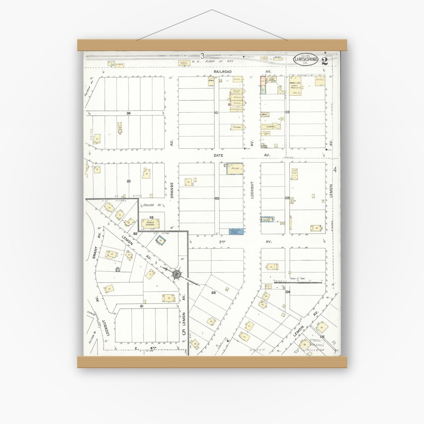 Old map wall art mockup — magnetic wood frame on white wall — Sanborn Fire Insurance Map from La Mesa, San Diego County, California (1911), Sheet #0002