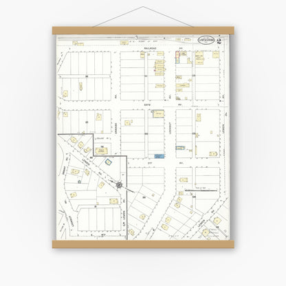 Old map wall art mockup — magnetic wood frame on white wall — Sanborn Fire Insurance Map from La Mesa, San Diego County, California (1911), Sheet #0002