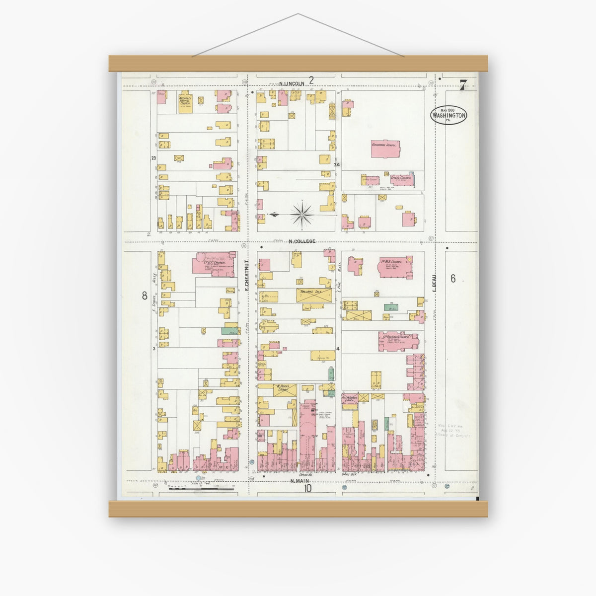 Old map wall art mockup — magnetic wood frame on white wall — Sanborn Fire Insurance Map from Washington, Washington County, Pennsylvania (1900), Sheet #0007