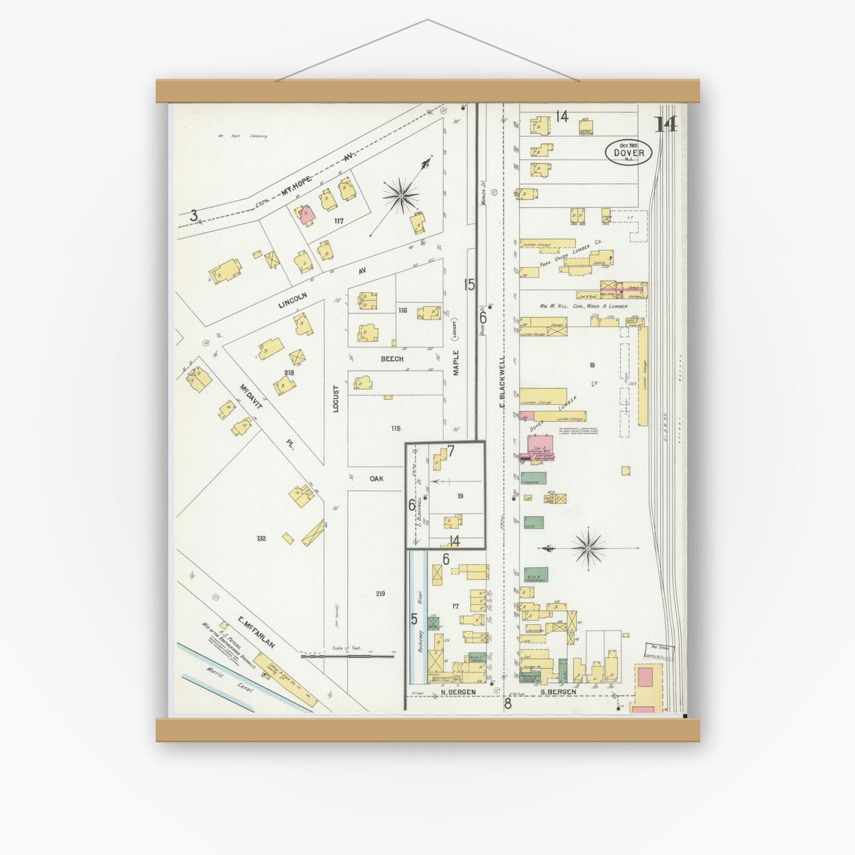 Old map wall art mockup — magnetic wood frame on white wall — Sanborn Fire Insurance Map from Dover, Morris County, New Jersey (1900), Sheet #0014