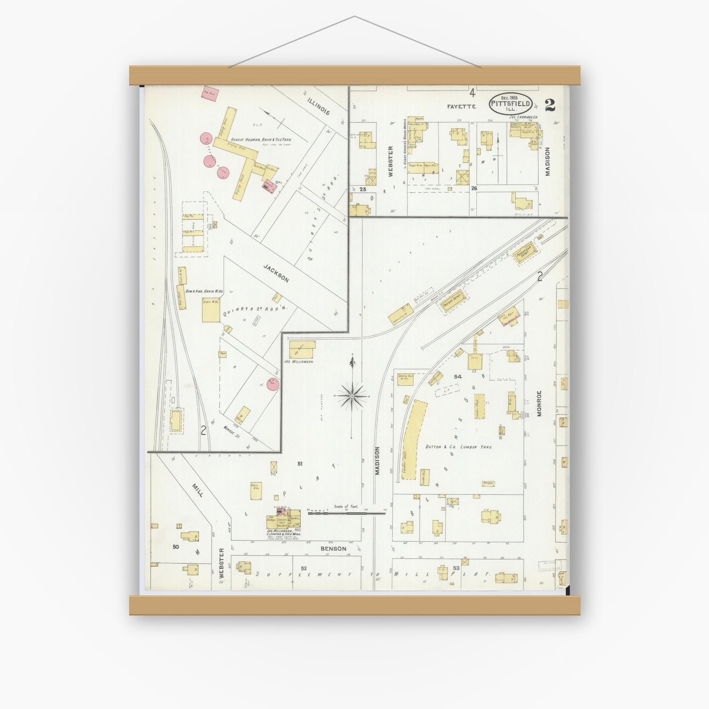 Old map wall art mockup — magnetic wood frame on white wall — Sanborn Fire Insurance Map from Pittsfield, Pike County, Illinois (1905), Sheet #0002