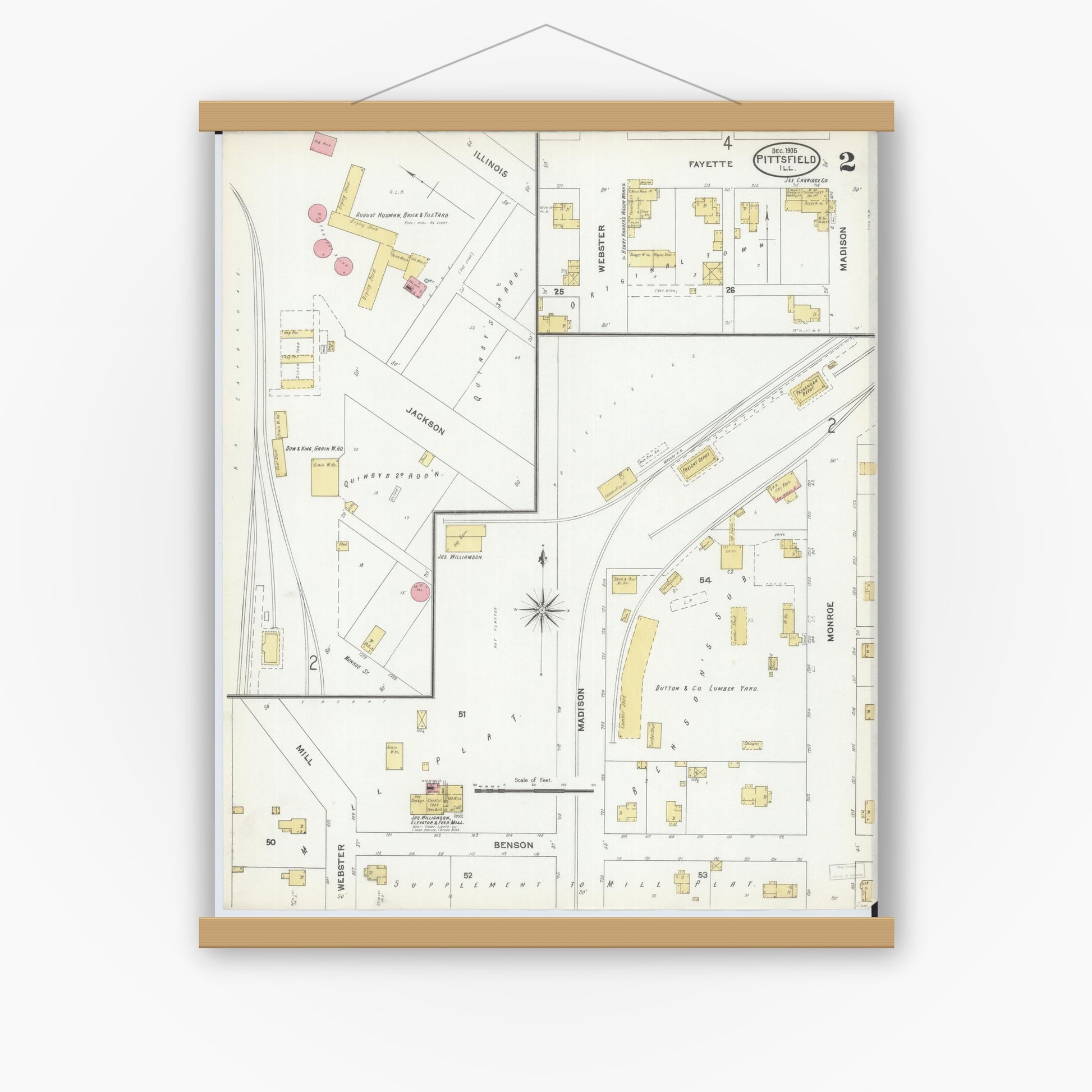 Old map wall art mockup — magnetic wood frame on white wall — Sanborn Fire Insurance Map from Pittsfield, Pike County, Illinois (1905), Sheet #0002
