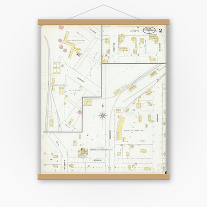 Old map wall art mockup — magnetic wood frame on white wall — Sanborn Fire Insurance Map from Pittsfield, Pike County, Illinois (1905), Sheet #0002