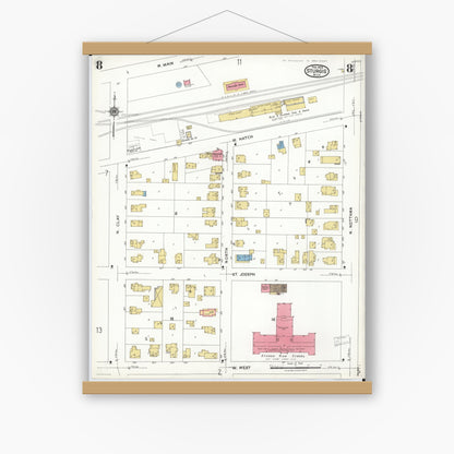Old map wall art mockup — magnetic wood frame on white wall — Sanborn Fire Insurance Map from Sturgis, Saint Joseph County, Michigan (1923), Sheet #0008
