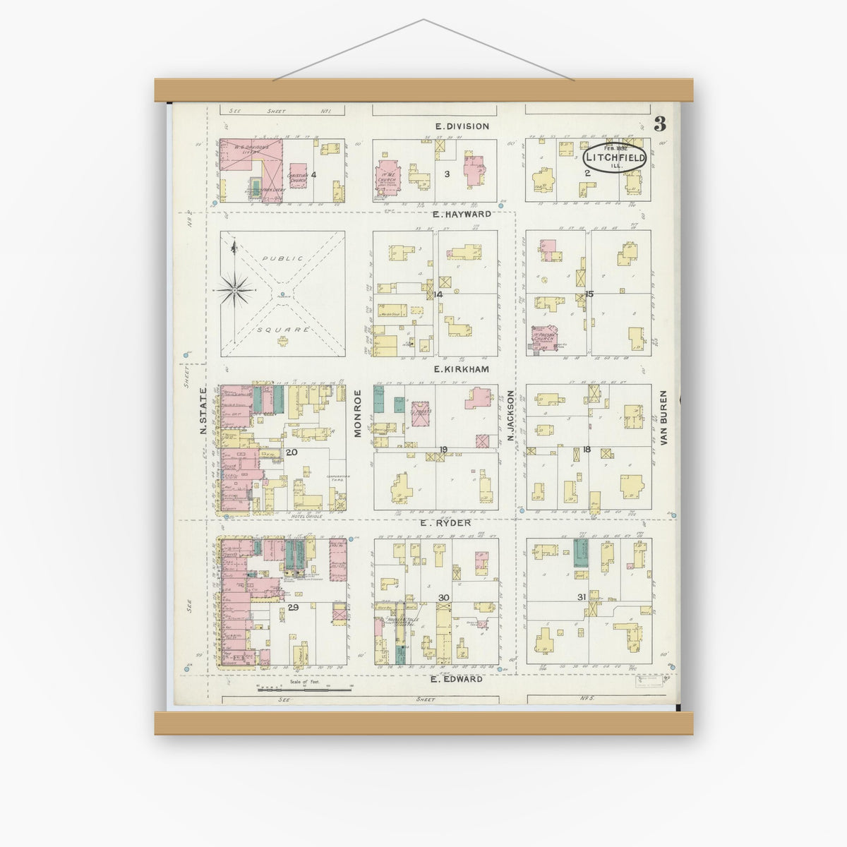 Old map wall art mockup — magnetic wood frame on white wall — Sanborn Fire Insurance Map from Litchfield, Montgomery County, Illinois (1892), Sheet #0003