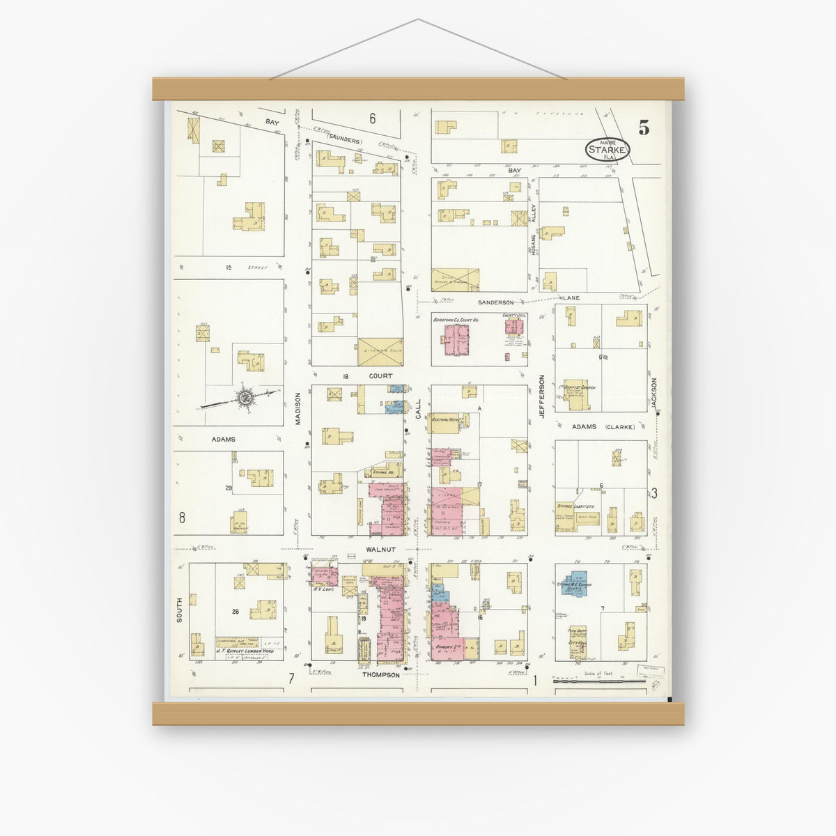 Old map wall art mockup — magnetic wood frame on white wall — Sanborn Fire Insurance Map from Starke, Bradford County, Florida (1912), Sheet #0005