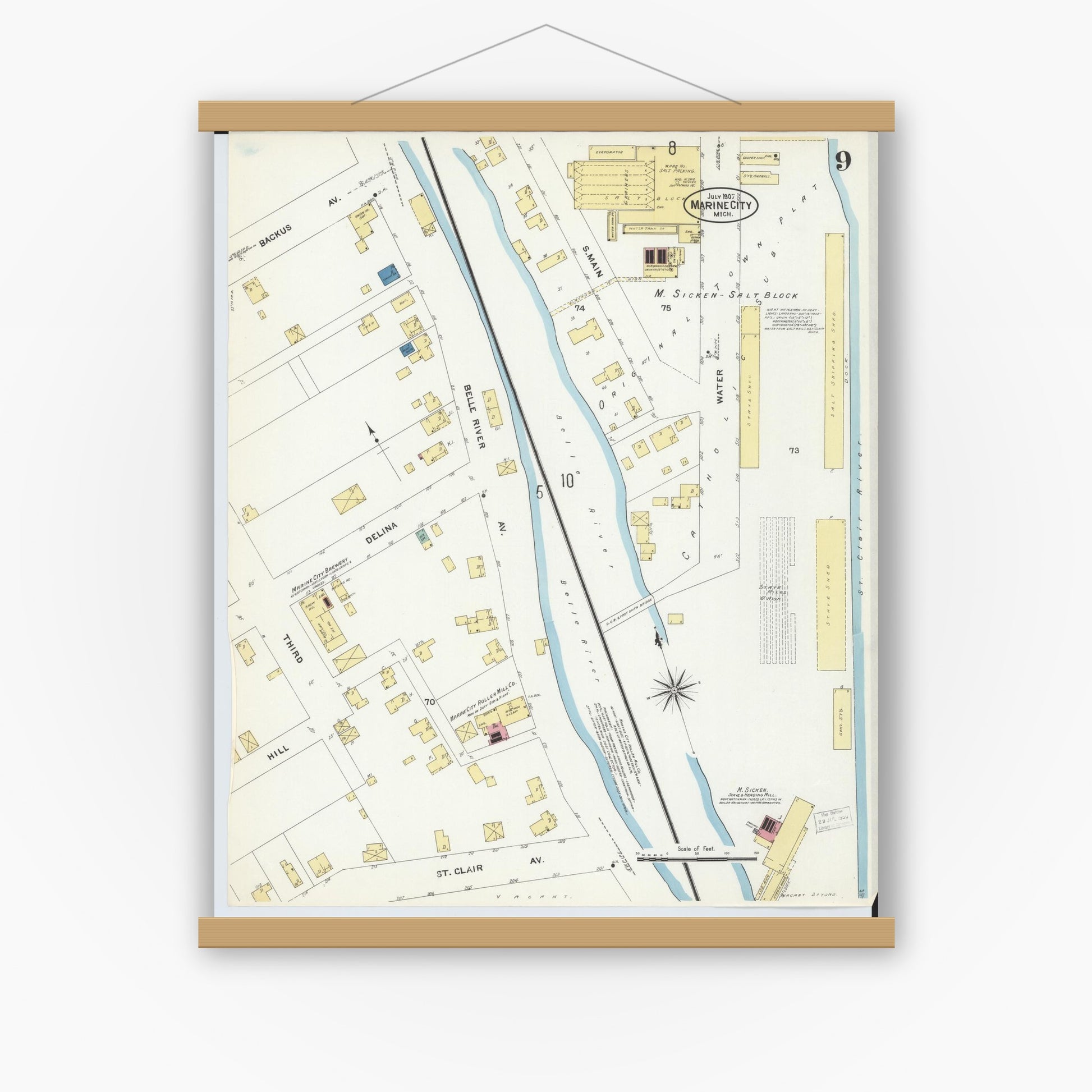 Old map wall art mockup — magnetic wood frame on white wall — Sanborn Fire Insurance Map from Marine City, Saint Clair County, Michigan (1907), Sheet #0009