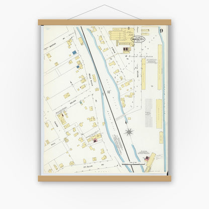 Old map wall art mockup — magnetic wood frame on white wall — Sanborn Fire Insurance Map from Marine City, Saint Clair County, Michigan (1907), Sheet #0009