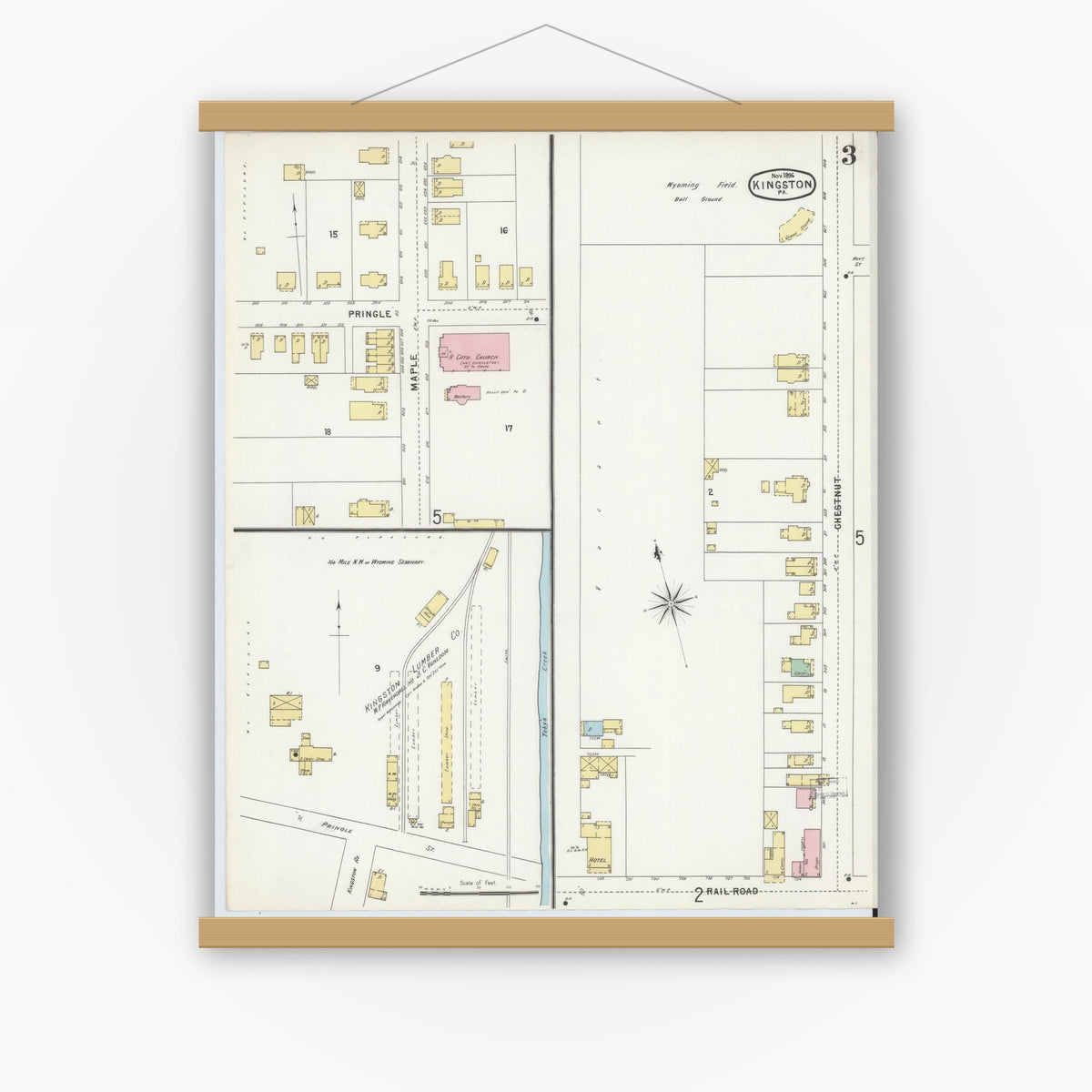 Old map wall art mockup — magnetic wood frame on white wall — Sanborn Fire Insurance Map from Kingston, Luzerne County, Pennsylvania (1896), Sheet #0003